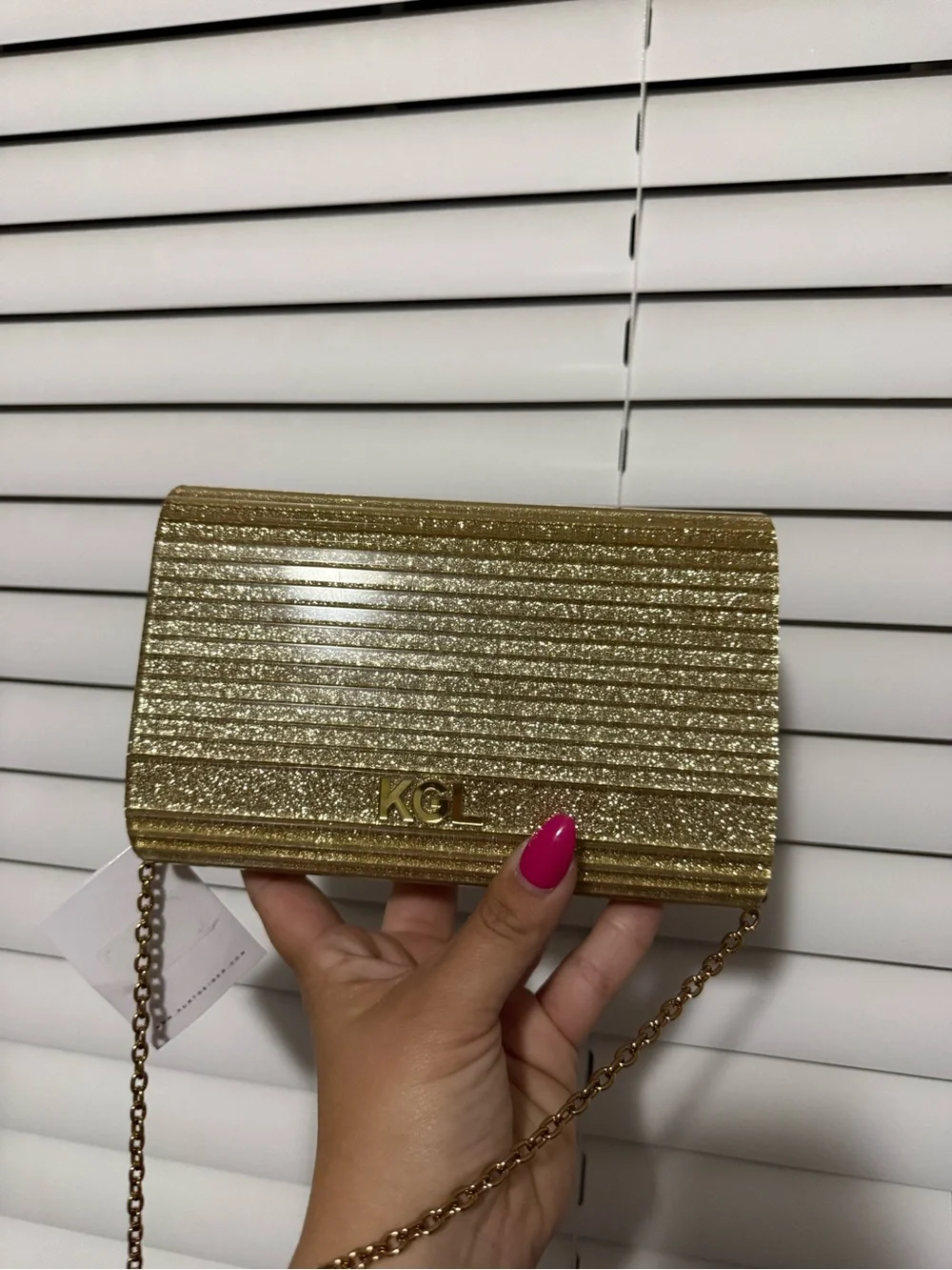 Kurt Geiger Gold Glitter Jeweled Chain Clutch